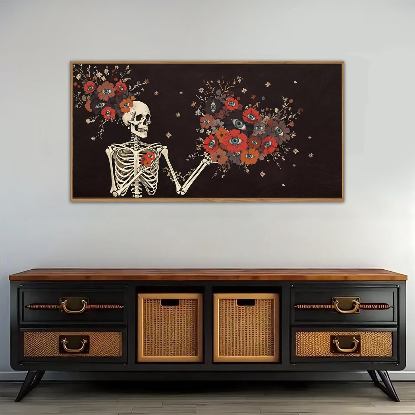 KAIRNE Halloween Skeleton Wall Art,Gothic Skull Canvas Set of 1(40”x20”),Romantic Spooky Floral Botanical Print,Scary Skull Painting,Horror Halloween Wall Art for Living Room Bedroom Goth Party Decor