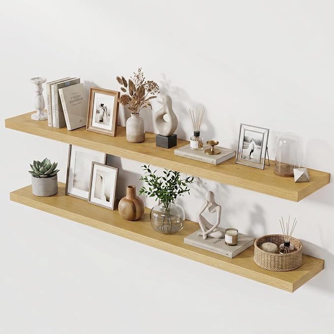 Acovy 72 Inch Long Floating Shelves for Wall Set of 2,12" Deep Wall Shelf,Large Floating Shelf with Invisible Brackets for Bedroom,Bathroom,Kitchen,Farmhouse Home Decor Display Bookshelf,Oak
