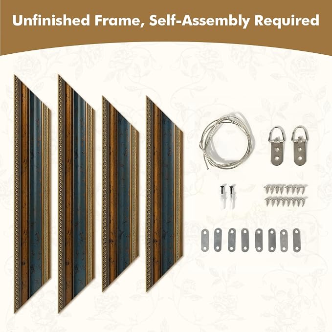 Classical DIY Wood Plein Air Frame for 20x24 Handmade Oil Paintings, 3.5" Wide Antique Sculpted Art Frame for Artists Exhibition Gallery Show Memorial Portrait, No Glass & Back (Blue Gold)
