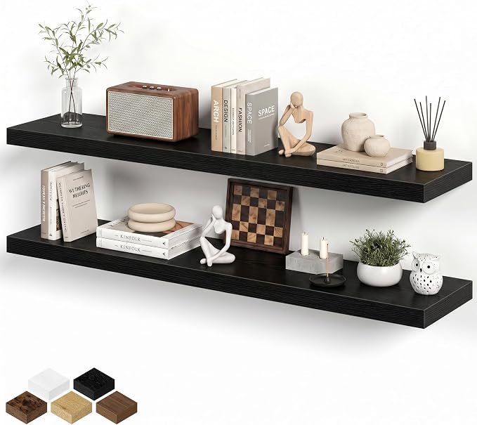 Fun Memories 48 Inch Floating Shelves for Wall 8 Inch Deep Black Shelves Set of 2, Wall Mounted Rustic Wood Long Floating Shelf, Large Display & Storage Shelf with Invisible Brackets
