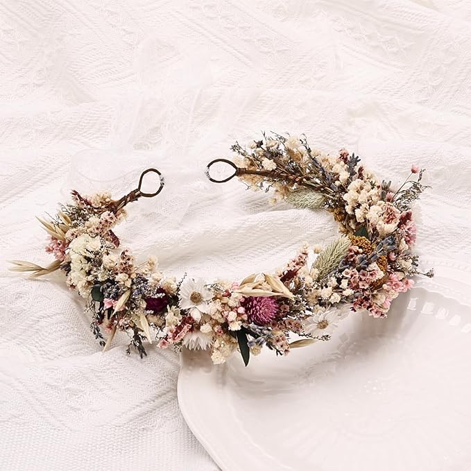 Preserved Natural Dried Flower Crown,Rustic Wedding Wreath Headband,Daisy Cream Floral Hair Garland for Bridesmaids,Flower Girls,Family Photoshoots