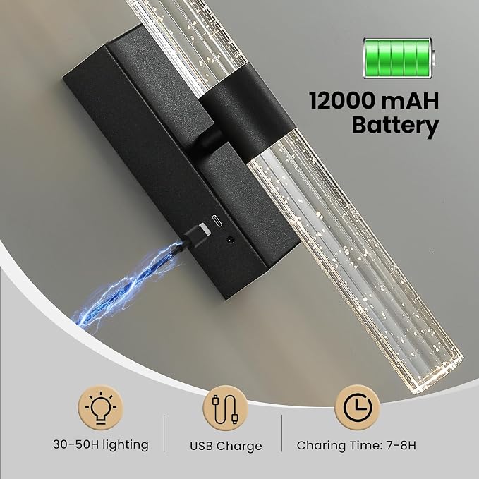 Battery Operated Wall Sconces Set of Two - Wireless Black Sconces with Remote 12000mAh Rechargeable Modern Crystal Wall Lights Cordless Wall Lamps for Bedroom Living Room Bathroom