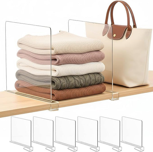 SortNStore Shelf Dividers Purse Organizer for Closet: 11-inch Tall(Extra Tall) Acrylic Sweater Organizer - Upgraded Extra Height for Large Handbags, Totes, Clothes, Towels on Wood Shelves 6-Pack