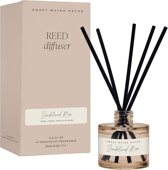 Sweet Water Decor Sandalwood Rose Reed Diffuser – Room Decor Aesthetic with Long-Lasting Premium Fragrance of Green, Leafy, Winey, Rose, Guaiac Wood, and Musk for 4 Months – Ideal for Home Decor