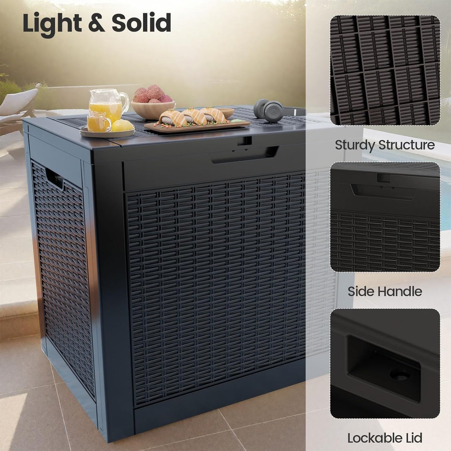 31 Gallon Outdoor Storage Box - Waterproof Resin Rattan Deck Bin for Indoor & Outdoor Use - Lockable & UV Resistant - Ideal for Package Delivery, Patio Cushions & Gardening Tools, Black