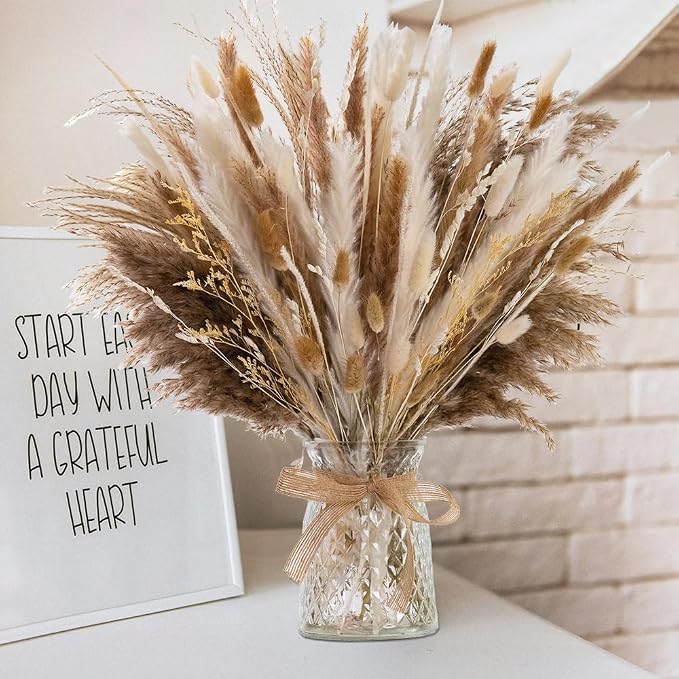 106pcs Artificial Flowers in Vase Natural Dried Pampas Grass Decor with Vase Boho Home Decor Bouquet Bunny Tails Dried Flowers, Reed Grass Bouquet for Wedding Floral Arrangements (106pcs)