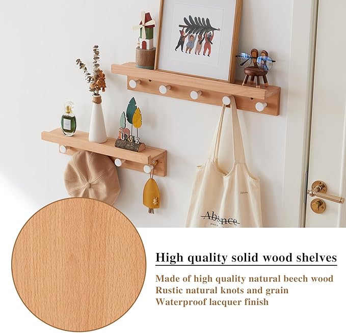 Wall Hooks with Shelf 19 inch, Beech Wood Entryway Wall with 4 Hooks, Floating Shelf Coat Rack for Bathroom, Living Room, Bedroom (19inch)