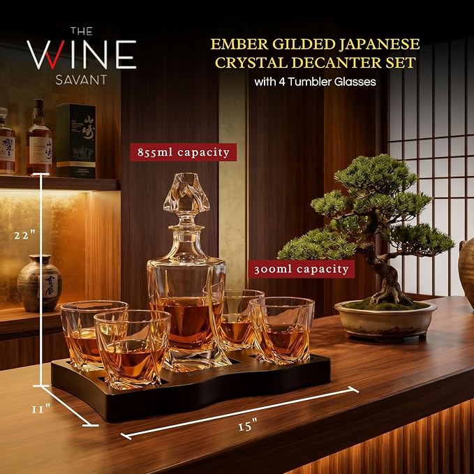 Ember Gilded Japanese Crystal Whisky Decanter Set with 4 Tumbler Glasses, Lead-Free Liquor Carafe & 10oz Rocks Glasses - Scotch Bourbon, Spirits & Wood Base Elegant Barware Gift for Men, Japan Design