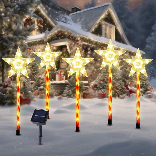 Christmas Solar Pathway Lights Outdoor Decorations, Modes Star Candy Lights Waterproof Led Garden Stake Light for Walkway Yard Lawn Porch Holiday Decor 5-Pack (Red Tube Star, 5 Pack)