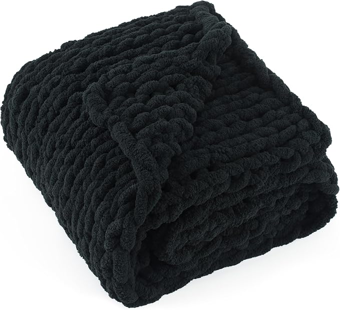 Chunky Knit Throw Blanket 50x60, 100% Handmade Chenille Yarn | 4.4lbs Soft Thick Cable Knitted Blankets, Large Rope Knot Crochet Throws for Couch Sofa Bed Machine Washable, Black
