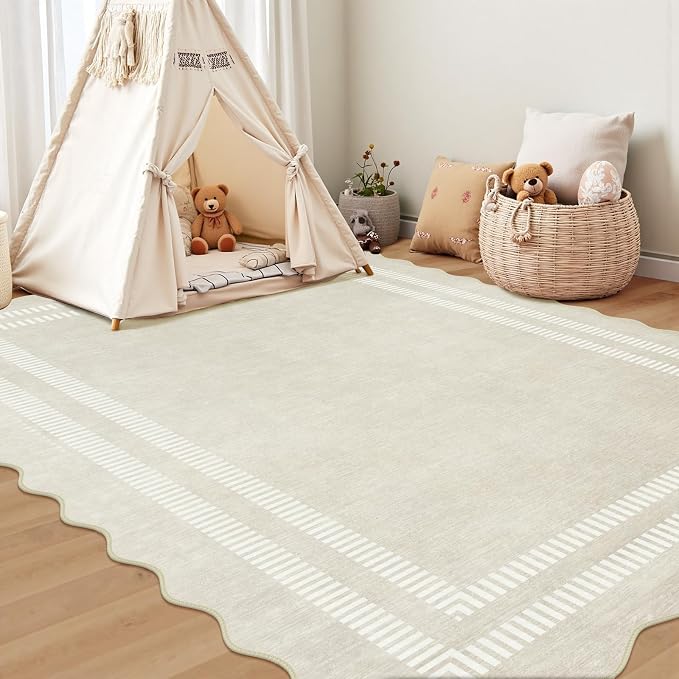 Washable 6x9 Area Rugs for Living Room, Solid Ivory Ultra-Thin Bedroom Rug Non-Slip Dining Room Rugs, Soft Scalloped Carpet for Nursery Kids Room Office