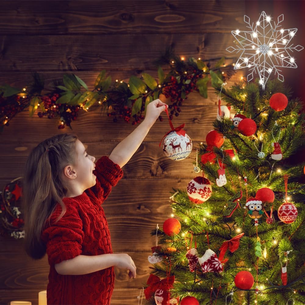 hogardeck Christmas Tree Topper, 10" Lighted Silver Snow Tree Topper, 20 LED Lights Silver Glitter Powder Snowflake Tree Toppers Christmas Decorations, Battery Powered Timer Xmas Treetop Star Decor