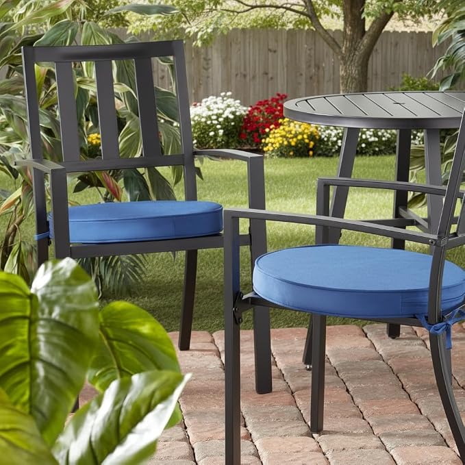 Set of 2 Outdoor 18 inch Round Patio Dining Chair Pads – Comfortable Fiber-Filled Seat Cushions with Ties, Reversible Polyester Fabric, Marine Blue