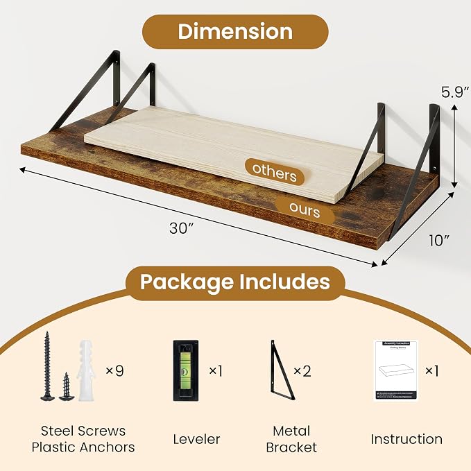 Acovy Deep Floating Shelves for Wall,30" Wx10 D Wood Floating Shelf Set of 2,Sturdy Metal Bracket Wide Display & Storage,Wall Mounted Hanging Floating Shelves for Living Room,Bedroom,Rustic Brown