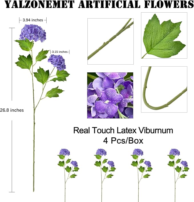 RUZUQE YalzoneMet Purple Small Hydrangea Artificial Flower 4 Pcs 26.8'' Lifelike Long Stem Snowball Viburnum Real Touch Faux Latex Flowers for Home Christmas Decoration Outdoor Wedding Decor