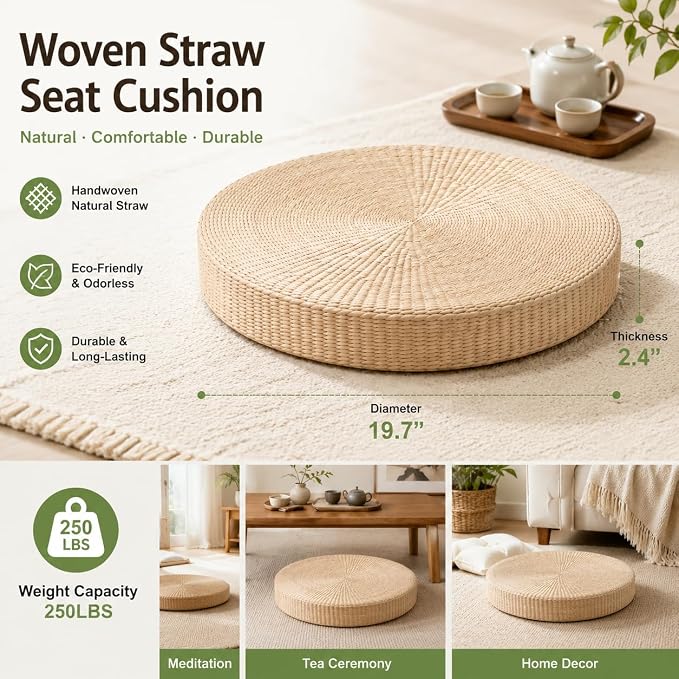 Round Tatami Floor Pillow, Handwoven Natural Straw Seat | Artisan Crafted, EPE Filling, Dia19.7", Comfortable Support, Boho, Lightweight, for Livng Room Meditation Reading Nook Patio