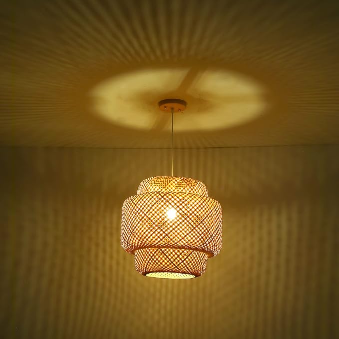 Bamboo Pendant Light - Boho Basket Chandelier Handmade Woven Pendant Light, Natural Wicker Rattan Hanging Chandelier for Kitchen Island Dining Room Living Room Porch