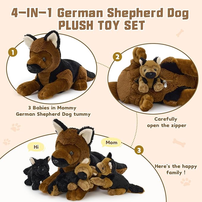 MorisMos 4Pcs German Shepherd Stuffed Animals, 18 Inch Mommy with 3 Puppies, Soft Fluffy Animal Dog Plush Toys Gifts for Kids, Dog Lover