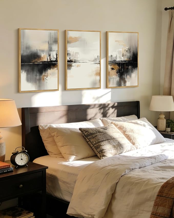 PHOPAGO Black Gray Abstract Landscape Framed Wall Art Large 16x24in Brown Tan Neutral Wall Decor Minimalist Modern Illustrations Prints Bedroom Home Decor - Natural Framed