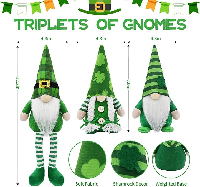 St Patricks Day Gnomes Decor Indoor, 3Pcs St Patricks Day Decorations Gnomes, Shamrock Decorations for Table, Tiered Tray Irish Home Decor Gnome Gifts