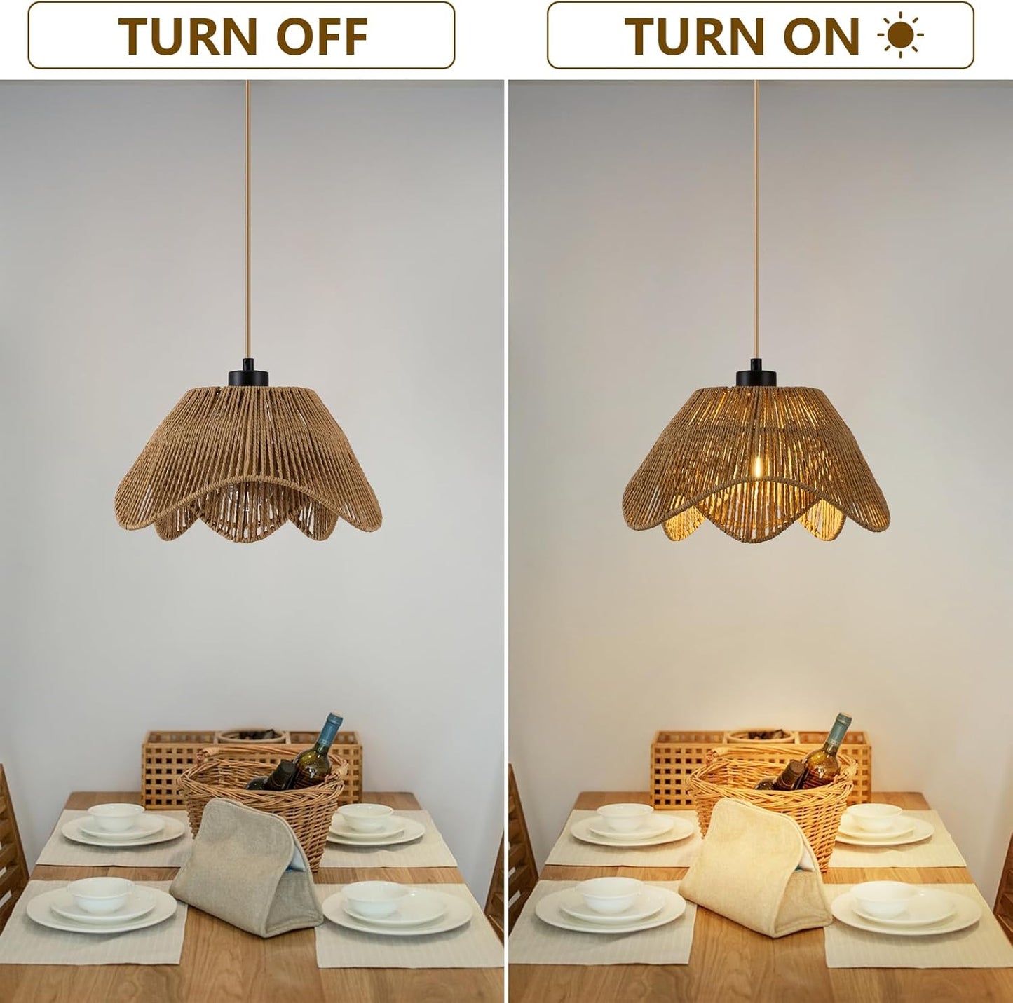 Rattan Pendant Light Fixtures,1 Light Boho Hanging Light, Farmhouse Hand Woven Wicker Chandelier, Adjustable Flush Mount Ceiling Hanging Lamp for Bedroom Dining Room Kitchen Island Hallway