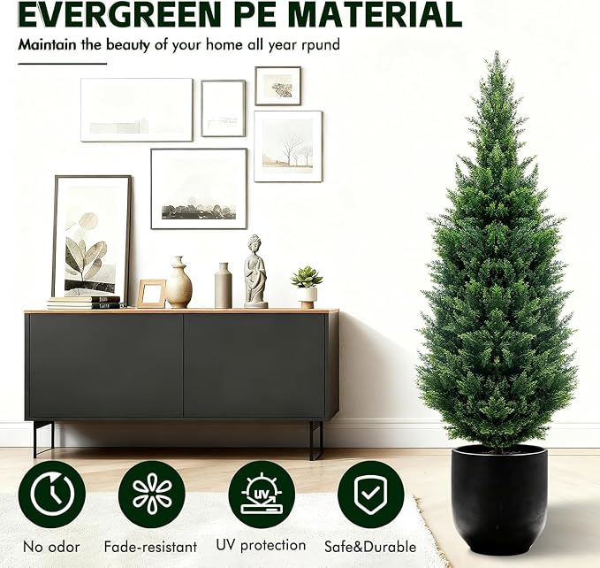 4Ft Artificial Cedar Topiary Trees (4-Pack) - UV Resistant Fake Shrubs with Ground Spike for Outdoor & Indoor Use, Front Porch, Garden Decor