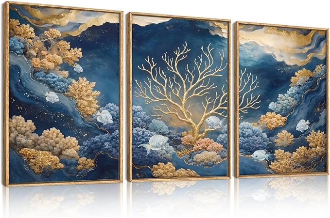 HPNIUB Blue Dreamy Underwater Framed Canvas Wall Art Set 16"x24"x3 | Modern Gold Coral Seascape Wall Decor Abstract Navy Ocean Marine Fish Artwork Living Room Bedroom Farmhouse