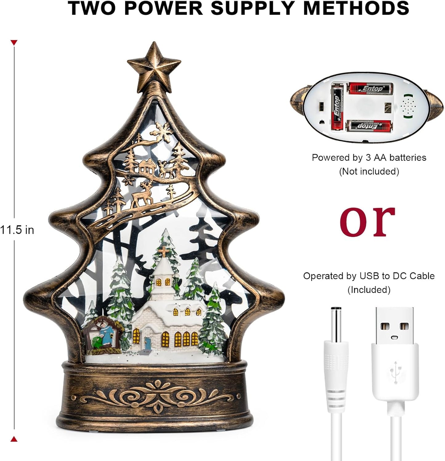 Christmas Snow Globe Lantern Water Glittering Church & Manger Scene with Music & Timer, USB Lined/Battery Operated Lighted Lantern for Christmas Festival Decoration Gifts