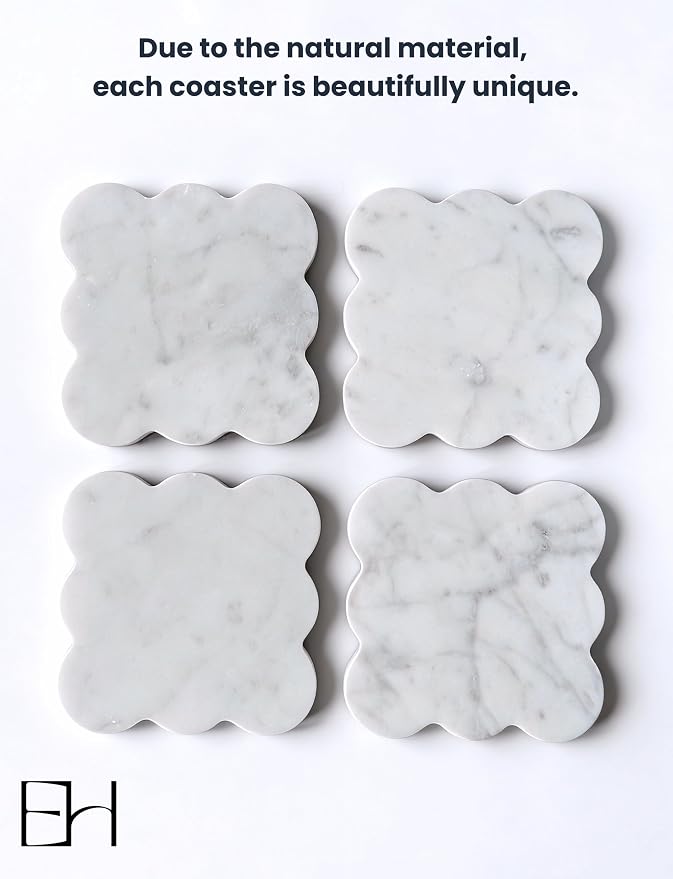 Marble Coasters Set of 4 - Natural Stone Coaster for Drinks, Modern Cup Holders, Bar Coffee Table Desk Decor, Cool Home Decor 4" (Calacatta White, Scalloped Square)