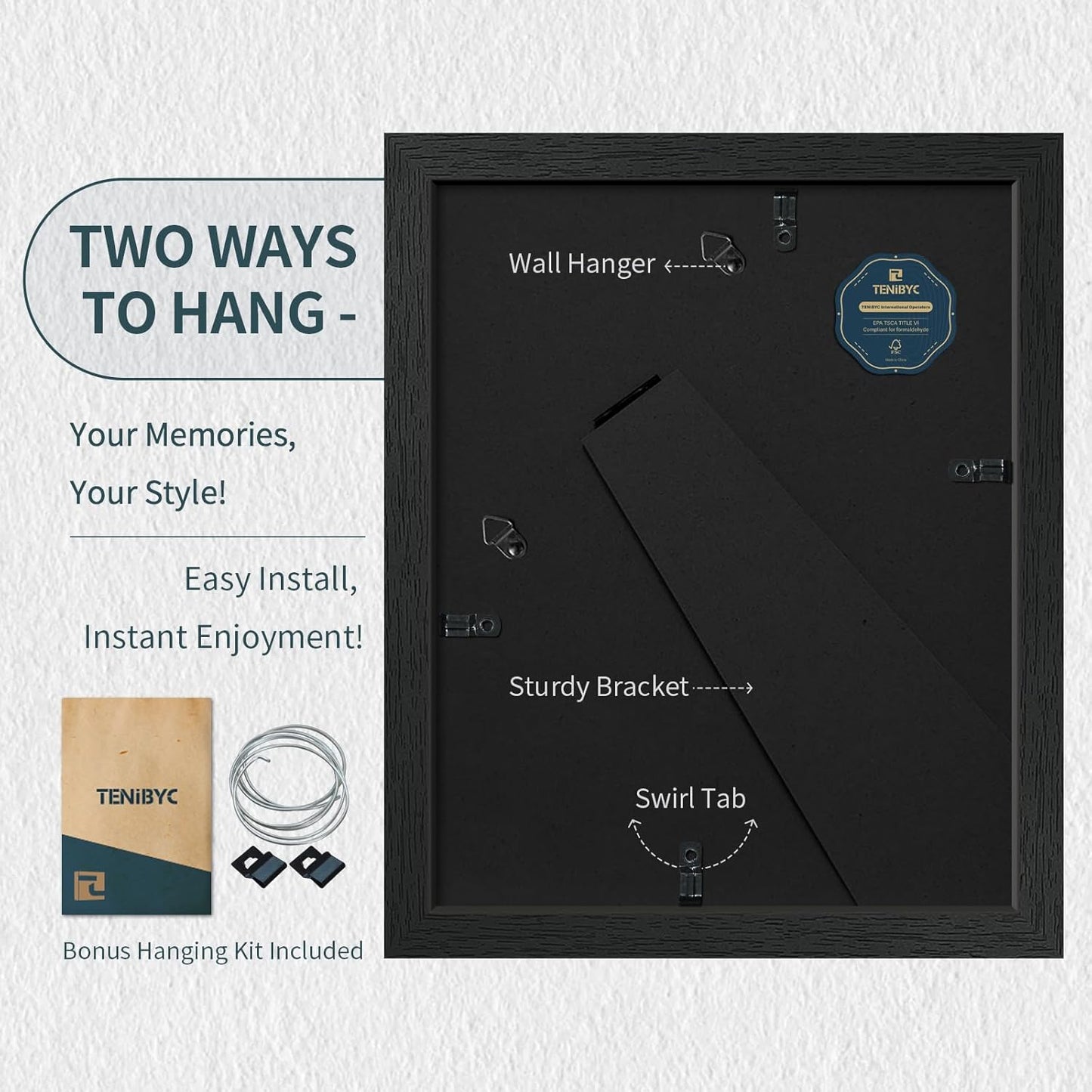 8x10 Picture Frame Set - 3 Pack, Textured Black Solid Wood, HD Tempered Glass, Gallery Photo Frame, Table or Wall Display