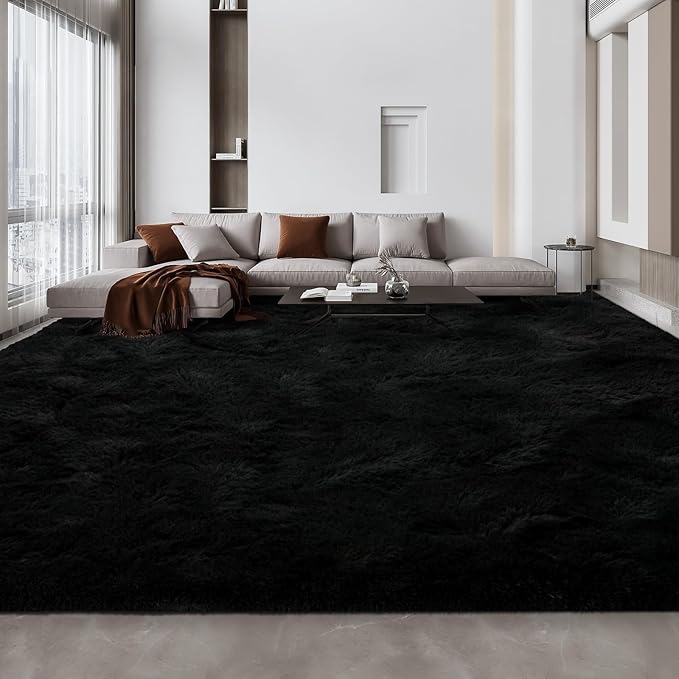 Deerhoo Large Shag Area Rugs 10 x 14, Tie-Dyed Plush Fuzzy Rug for Living Room, Ultra Soft Fluffy Furry Rugs for Bedroom, Anti-Skid Indoor Carpet Nursery Rugs for Kids Room Home Decor, Black
