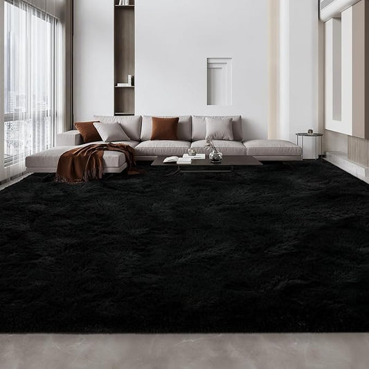 Deerhoo Large Shag Area Rugs 10 x 14, Tie-Dyed Plush Fuzzy Rug for Living Room, Ultra Soft Fluffy Furry Rugs for Bedroom, Anti-Skid Indoor Carpet Nursery Rugs for Kids Room Home Decor, Black