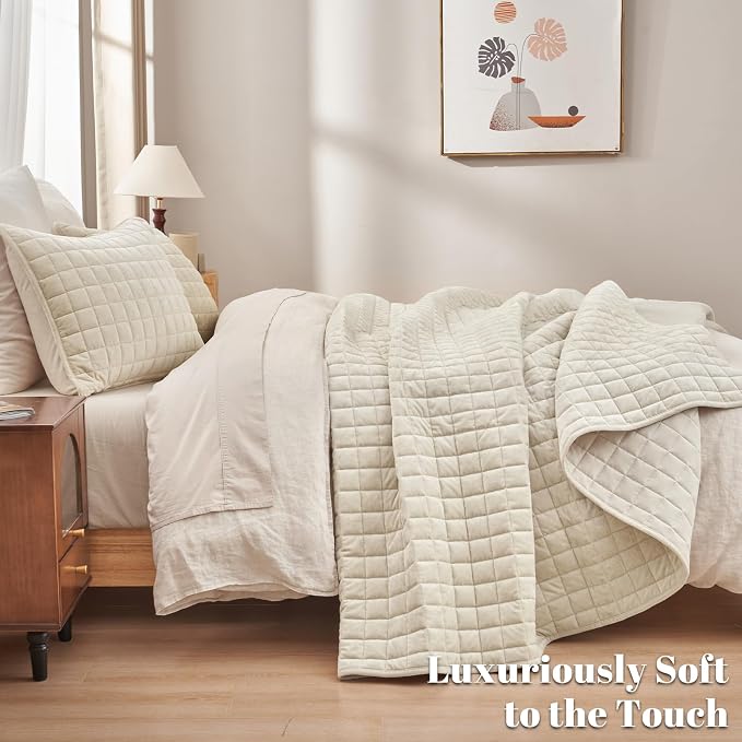 PHF Luxurious Velvet Quilt Set Queen Size – 3PCS Super Soft Quilted Comforter Alternative with Square-Box Quilt Pattern, Warm Quilted Bedspread Coverlet, 90" x 92", Sand