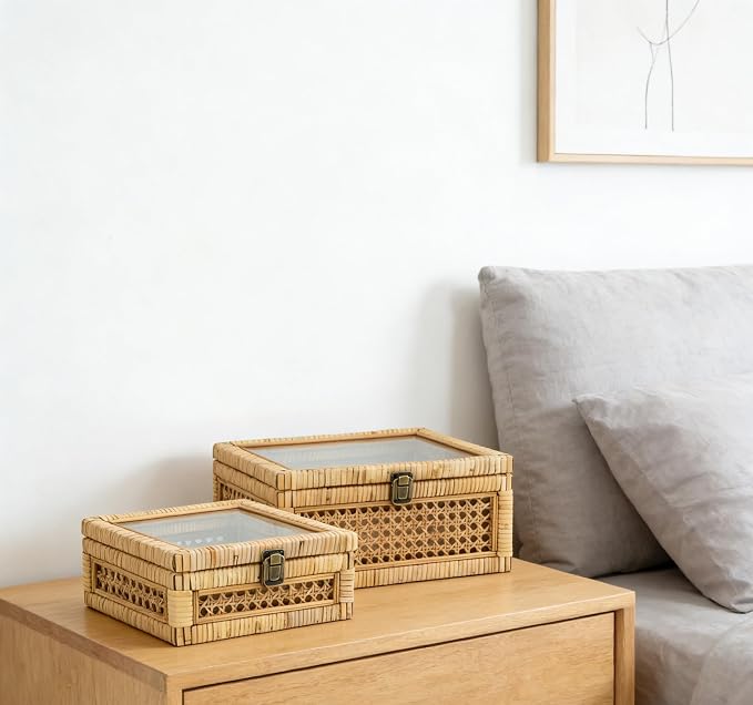 HUAXIN CRAFT H Rattan Square Box with Lid - Set of 2 Wicker Decorative Storage with Glass Cover for Display
