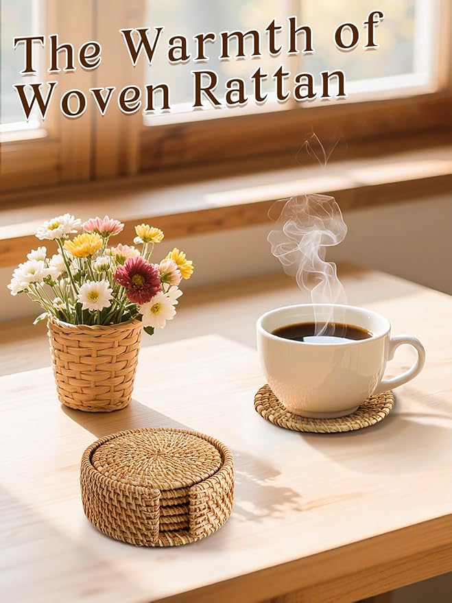 6pcs Natural Handmade Rattan Coasters with Holder - Wicker Drink Coasters Set for Protecting Table, Housewarming Gifts Boho Home Coastal Decor