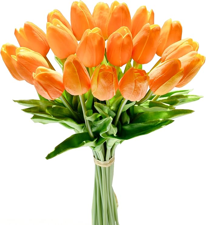 Mandy's Orange Artificial Tulips Flowers Centerpiece, 13.5" Lifelike PU Fake Floral Stems 20pcs for Kitchen Island & Dining Table, Spring Decor for Easter