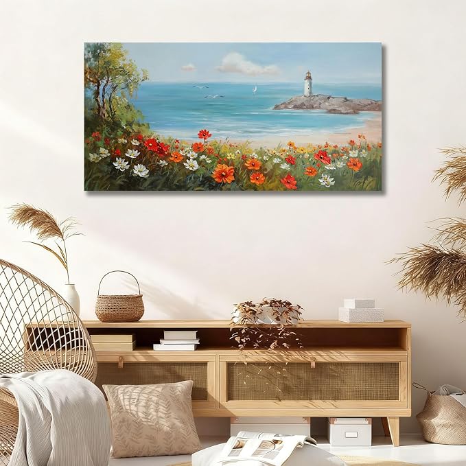 Ardemy Lighthouse Framed Canvas Wall Art for Living Room Blue Ocean Painting Seascape Landscape Coastal Picture Textured Bedroom Oversized Artwork Home Office Wall Decor, Extra Large 58"x29"