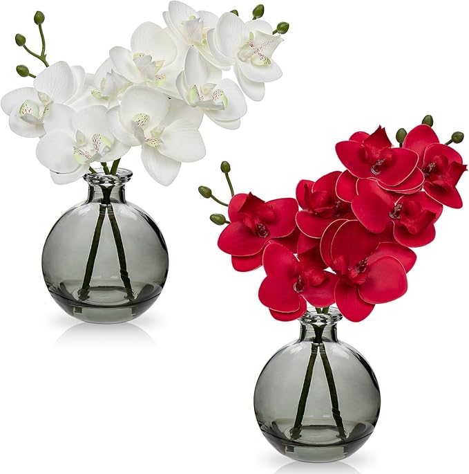 Oairse Red and White Orchids Artificial Flowers Faux Orchid Arrangement with Black Glass Vase Set of 2 Real Touch Phalaenopsis Orchid Flowers Orchids Centerpiece for Dining Room Table