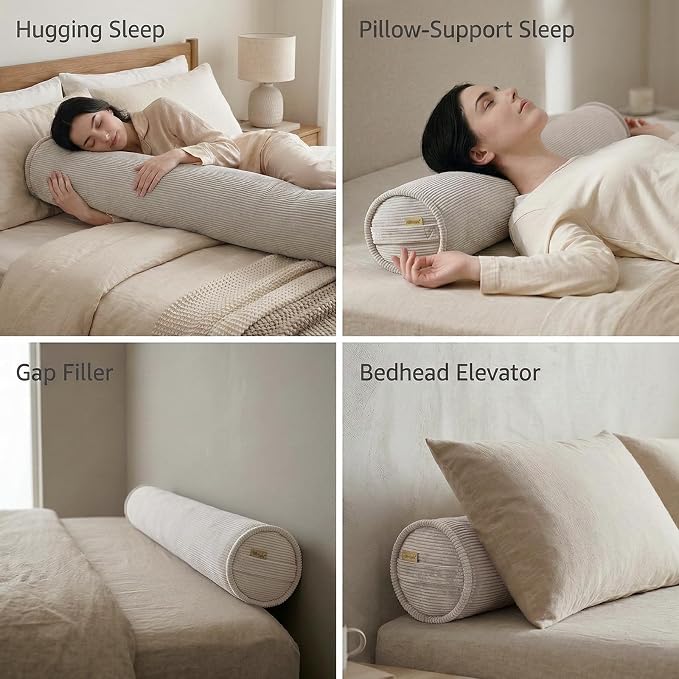 Long Bolster Pillow for Bed – Soft Corduroy Body Pillow for Adults, Ergonomic Full-Length Support for Better Sleep,47 x 7.87 Inches,Beige Gray
