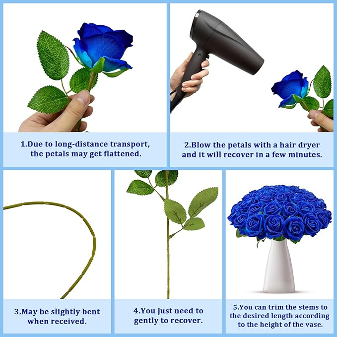 Wondrus Bulk Artificial Flowers 100 PCS, Fake Velvet Silk Blue Roses with Long Stems Realistic Bouquet for Wedding Centerpieces, Faux Arrangement for Home Table Decor