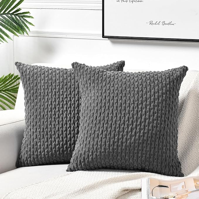 Fancy Homi 2 Packs Dark Gray Decorative Throw Pillow Covers 22x22 Inch for Couch Bed Sofa, Modern Farmhouse Boho Home Decor, Soft Cute Plush Grey Corduroy Cushion Case 55x55 CM