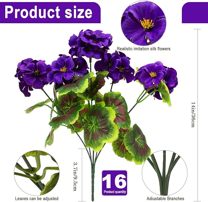 lovemoon Artificial Geranium Plant with Realistic Silk Flowers and Green Leaves，Faux Geranium Flowers for Indoor Outdoor Home Garden Office Decoration (16, Purple)