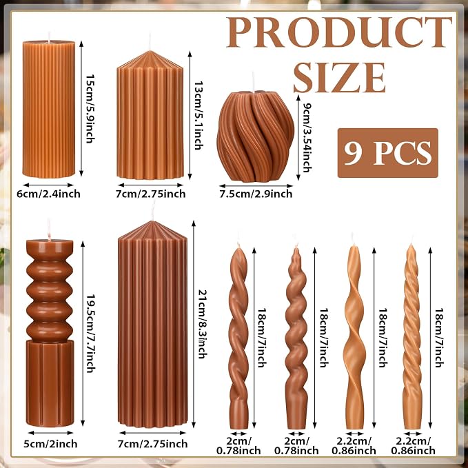 Nuanchu 9 Pcs Modern Decorative Candles Set 5 Pillar Aesthetic Ribbed Candles 4 Spiral Taper Twisted Candlesticks Scented Smokeless Soy Wax for Wedding Holiday Dinner Home Decorations(Brown)