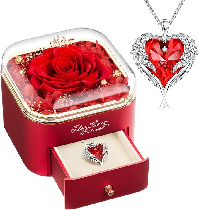 NEWNOVE Gifts for Her, Preserved Real Red Rose with Angle Wings Necklace, Forever Flowers Gifts for Mom Grandma Wife Girlfriend at Christmas, Valentines, Anniversary or Birthday Gifts for Women