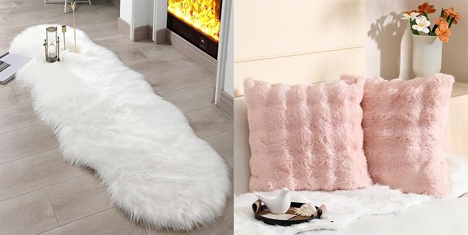 linmopm Super Soft Fluffy Faux Fur Sheepskin Rugs 2x6 ft Sheepskin, White+Faux Rabbit Fur Bubbles Pack of 2 Throw Pillow Covers Pink 18x18 Inch