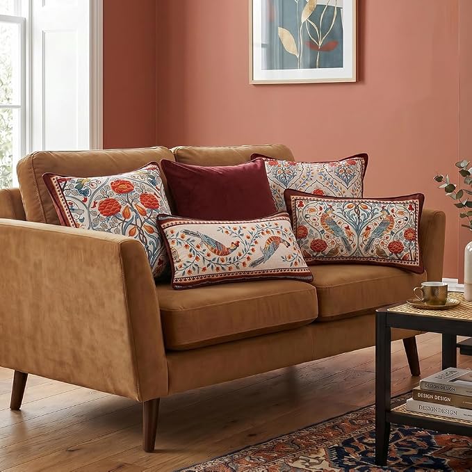 patdrea Designer French Velvet Throw Pillow Cover,Set of 4,-Moritz ABAC | Elegant Lumbar Pillow Case,Rust Red Floral and Bird Pattern,Decorative Pillow Cover for Couch Living Room Bedroom