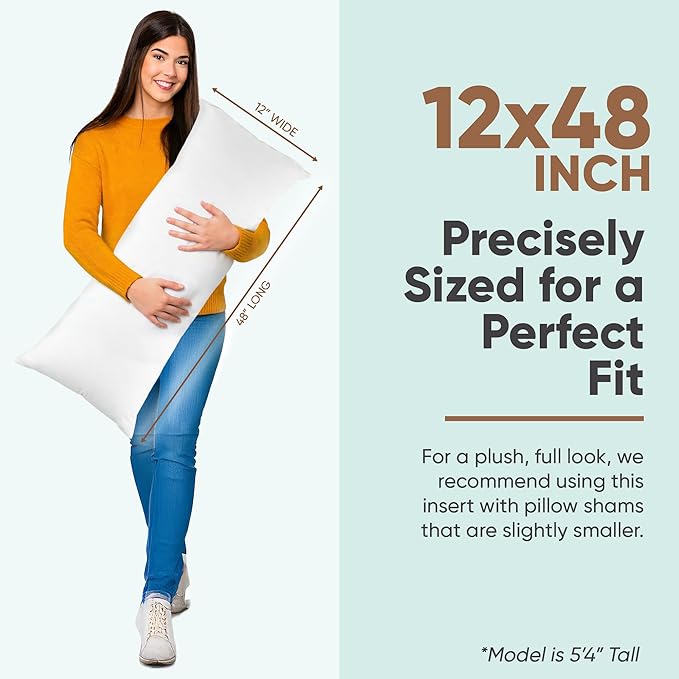 Pillowflex Synthetic Down Pillow Insert - 12x48 Down Alternative Pillow, Ultra Soft, Large Rectangle Body Sleeping Pillow, Lumbar, Long, Back - 1 Decorative Pillow Form