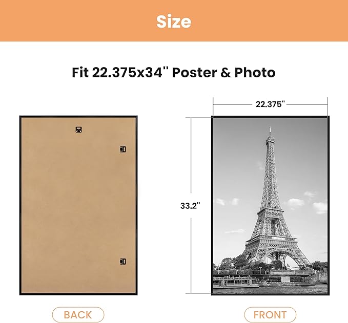 upsimples 22.375 x 34 Poster Frame Black 3 Pack, Scratch-Proof Picture Frames 22.375 x 34 for Photo Gallery - Slide-In Strips, Horizontal or Vertical Wall Mounting