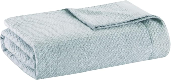 Madison Park 100% Egyptian Cotton Lightweight Summer Blanket, Breathable Waffle Knit Design, Soft Cozy All-Season Throw for Bed, Couch or Sofa, Light Blue Full/Queen Size (90"x90")