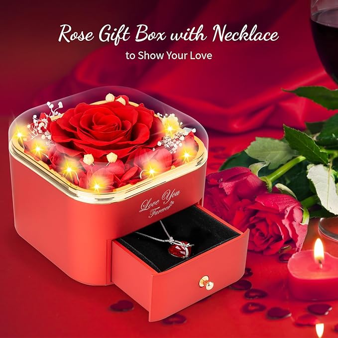 ENERLEAF Preserved Red Real Rose with Necklace Jewelry Box -Eternal Flowers Rose Gifts for Grandma Wife Girlfriend on Valentines Mothers Day Christmas Birthday Anniversary Romantic Gifts for Her